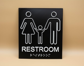 Può includere: Cartello del bagno nero con figure bianche di una famiglia che si tiene per mano. La parola "RESTROOM" è in lettere bianche sotto, con punti in braille. Il cartello è rettangolare.