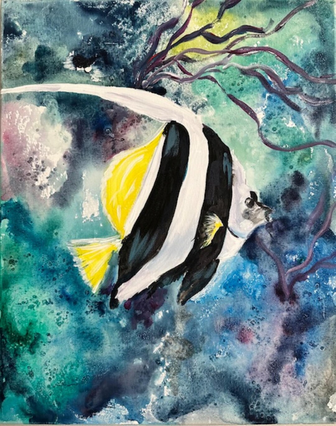 Original Angel Fish Painting, Watercolor and Salt Color Explosion on ...