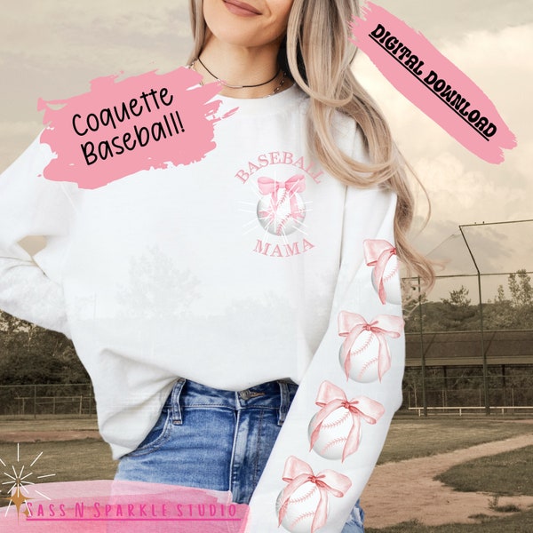 Coquette baseball girly girl feminine Mama sweatshirt sleeve design sport gift present mom romantic trending trend cottage core download