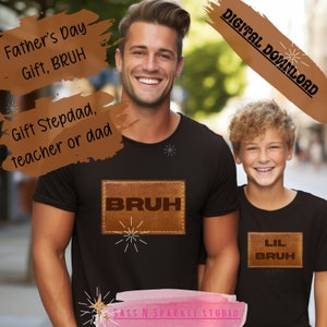 Bruh feliz dia dos pais padrasto bônus pai camisa engraçada design digital remendo de couro falso presente pai do enteado professor masculino gpa