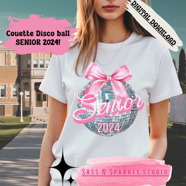 Trendy Senior Grad Coquette aesthetic disco ball soft girly pink bow high school digital trending download png feminine gift teen present