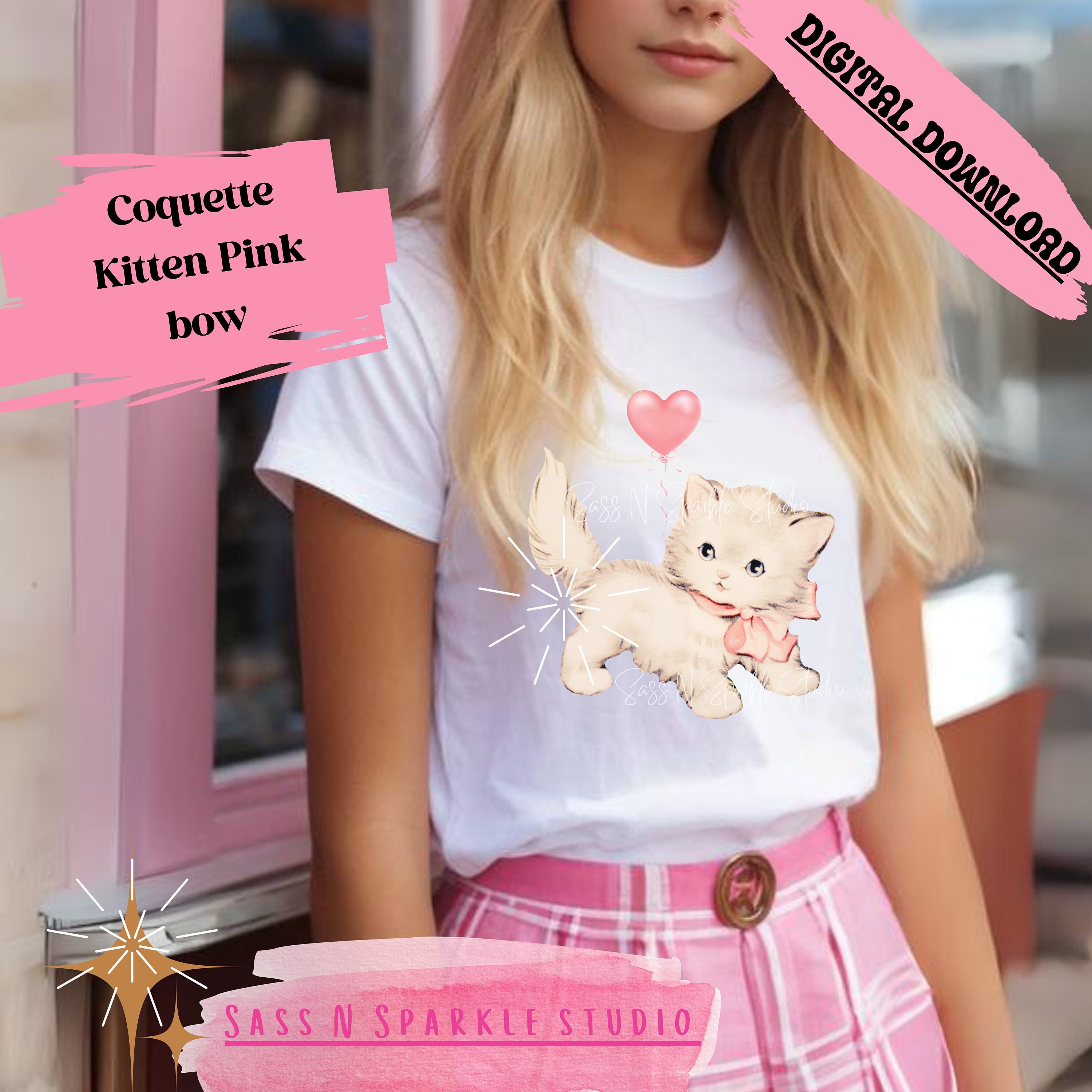 Coquette Aesthetic Cat Soft Girl Pink Bow Cottage Core Digital Trending
