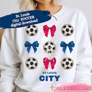 Aficionado al fútbol de San Luis Fútbol de la ciudad Pelota de chenilla sintética Lazos azules rosados Coqueta Estética femenina Descarga digital png Clipart DTF svg Deportes