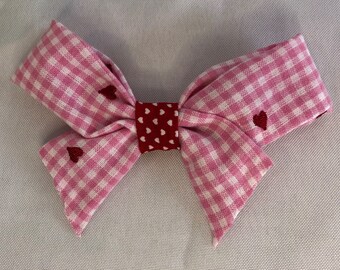 Pink Gingham & Red Heart Hair Bow