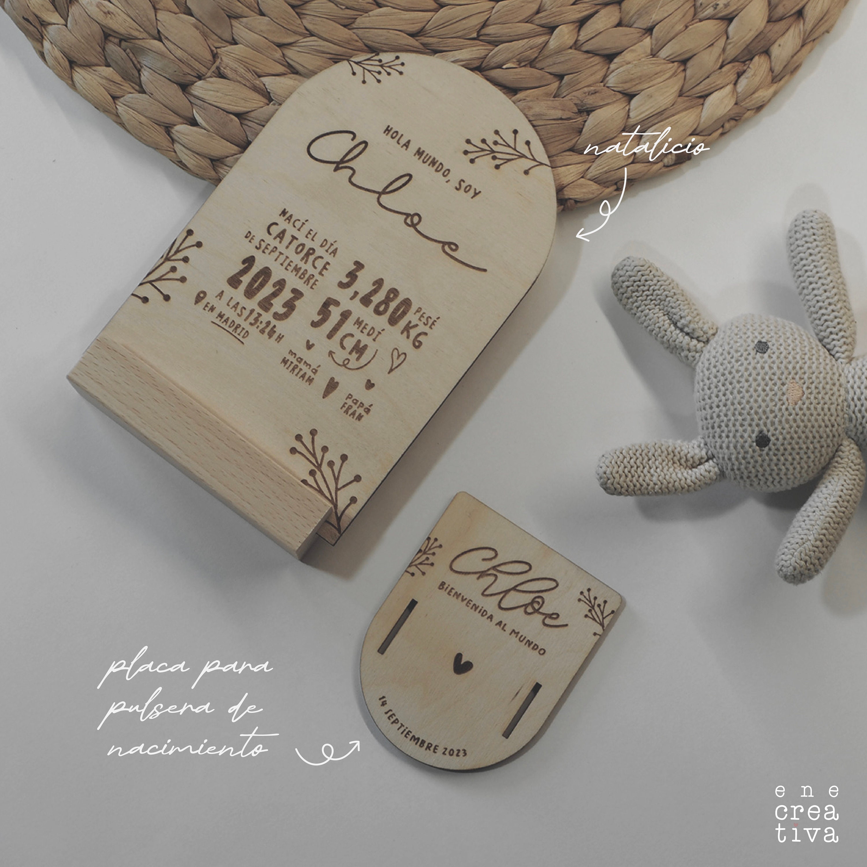 Personalized wooden birth name tags and birth bracelet holders - A unique keepsake of your baby's birth