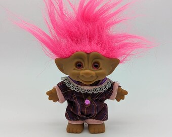 1990's Vintage Treasure Troll Doll With Outfit, Neon Pink Hair and Pink Eyes, Pink Jewel, Ace Novelty Co. Inc.