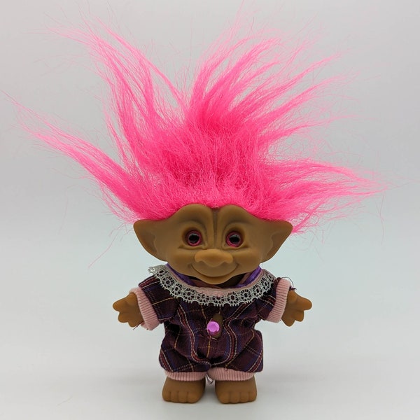 1990's Vintage Treasure Troll Doll With Outfit, Neon Pink Hair and Pink Eyes, Pink Jewel, Ace Novelty Co. Inc.