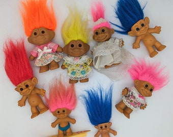 Vintage 1990's Troll Dolls, Lot of 8, Assorted Brands With and Without Outfits