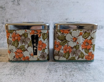 Vintage 1970s Tea and Coffee Tin Canisters, Made in Canada, Vintage Teaware, Floral Pattern, Sold as Set