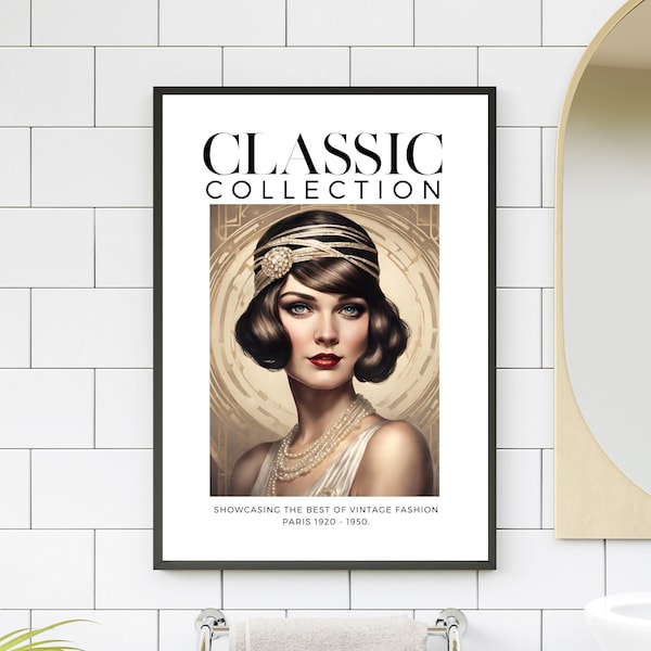 Printable Wall Art - 1920's Gatsby Flapper Girl - Fashion Art, Digital Download, Poster, Classic Art, Living Room Art, Gold, Classy, Beauty