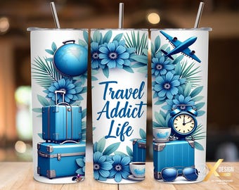 May include: A set of three white travel tumblers with stainless steel straws. Each tumbler features a blue travel-themed design with a globe, suitcase, airplane, and the text "Travel Addict Life."