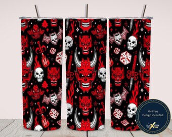Retro Horror Pattern 20oz Skinny Tumbler Wrap PNG Sublimation Dark Gothic Seamless Design Red Black Creepy Elements