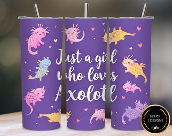 Illustration PNG pour gobelet isotherme 20 oz « Juste une fille qui aime les axolotls » | Joli motif aquarelle axolotl par sublimation | Téléchargement numérique pour gobelet fin