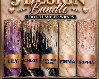 5 Custom Name 20oz Tumbler Wrap Bundle PNG, Personalized Skinny Tumbler Sublimation, Marble Glitter Drip Gold Rose Gold Design