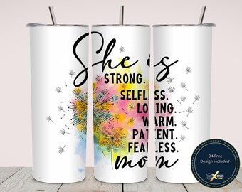 She Is Strong Mom 20oz Tumbler Wrap PNG | Mother's Day Watercolor Sublimation Design | Skinny Tumbler Digital Download