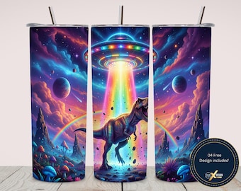 Rainbow UFO Dinosaur Tumbler Wrap PNG Sublimation 20oz Skinny Wrap Psychedelic Space Galaxy Beam Fantasy Design