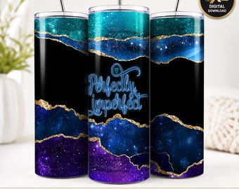 Affirmation 20oz Tumbler Wrap PNG | Blue Purple Galaxy Cosmic Quote Sublimation Design | Gold Edge Skinny Tumbler