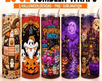 Halloween 20oz Tumbler Wrap Bundle PNG | Ghost Pumpkin Patch Haunted Castle Sublimation | 20oz Skinny Tumbler Wrap Design