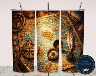 Vintage Nautical Map Tumbler Wrap PNG Sublimation 20oz Skinny Tumbler Wrap Antique Compass Lantern Ocean Explorer Design