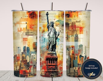 Statue of Liberty 20oz Tumbler Wrap PNG | Urban Collage Skyline Skinny Tumbler Sublimation | Vintage Grunge USA Landmark Full Wrap Design