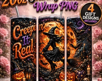 Creepin' It Real Halloween Witch 20oz Tumbler Wrap PNG | 3D Embossed Sublimation Design | Spooky Full Wrap Instant Download