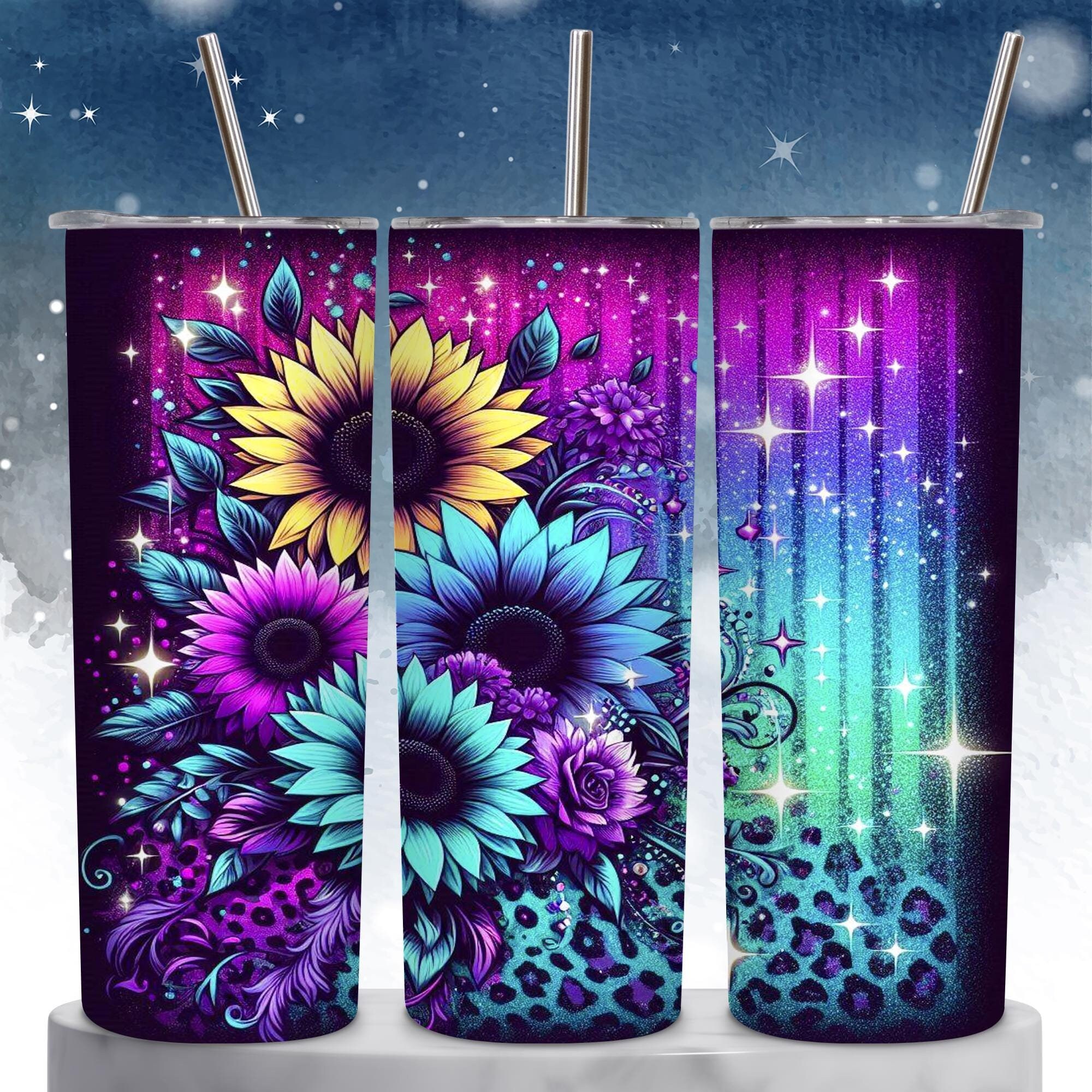 Sunflower Leopard 20 oz Tumbler Wrap: Colorful Sublimation Design (Digital PNG Download)