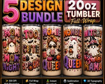 5 Halloween Coquette Mom Ghost 20oz Tumbler Wrap Bundle PNG | 3D Embossed Typography | Full Wrap Sublimation Design | Instant Download