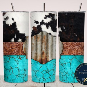 May include: A set of three 20 oz. stainless steel tumblers with a Western theme. Each tumbler features a unique design: cowhide, embossed leather, turquoise stone, and corrugated metal. Includes a straw and a black lid.