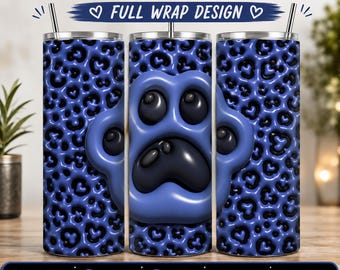 Blue Paw Print 20oz Tumbler Wrap PNG Sublimation, Dog Lover Paw Pattern Skinny Tumbler Wrap, Pet Theme Digital Download