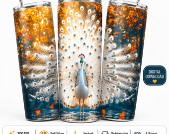 White Peacock Feather 20oz Tumbler Wrap PNG, Elegant Bird Sublimation Design, Floral Feather Skinny Tumbler Digital Download