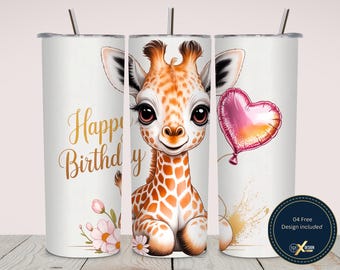 Giraffe Birthday 20oz Tumbler Wrap PNG | Cute Floral Balloon Sublimation Design | Skinny Tumbler Digital Download