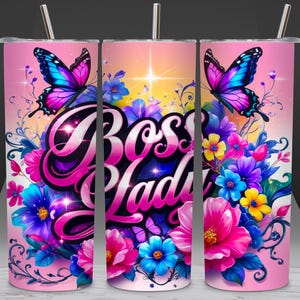 Three views of the boss tumbler wrap show the full floral butterfly rainbow design against a dark background.