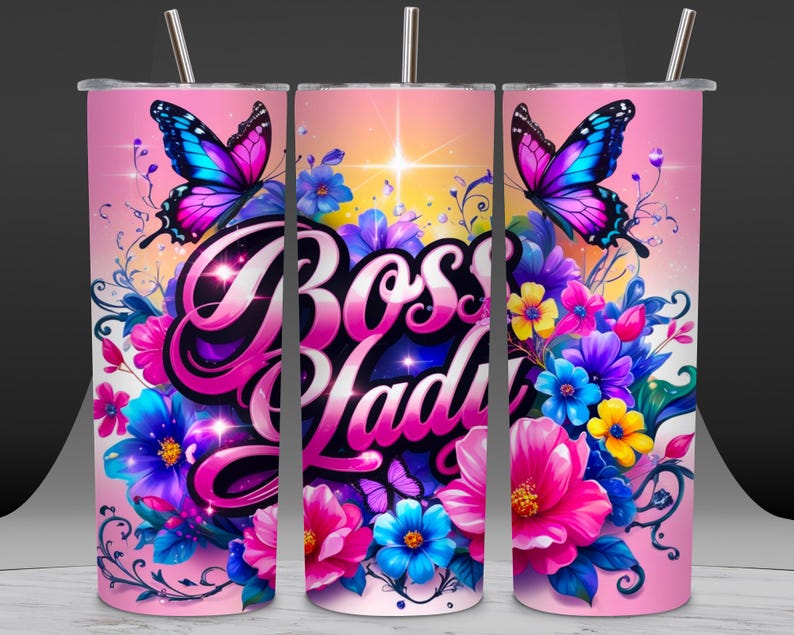 Three views of the boss tumbler wrap show the full floral butterfly rainbow design against a dark background.