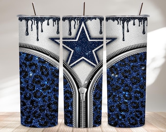 Blue Glitter Star Leopard Zipper 20 oz Tumbler Wrap PNG Sublimation Design
