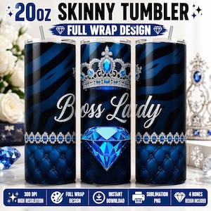 Luxury Glam Bling 20oz Tumbler Wrap PNG | Diamond Boss Lady Sublimation Design | Elegant Fashion Skinny Tumbler | 300 DPI Digital Download
