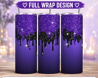 Black Glitter Drip Tumbler Wrap PNG Sublimation 20oz Skinny Tumbler Wrap Purple Ombre Sparkle Glam Design