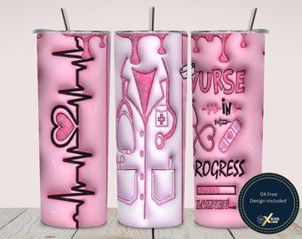 Nurse In Progress Tumbler Wrap PNG 20oz, Pink Nurse Skinny Wrap Medical Stethoscope Heartbeat Glitter Sublimation Design Digital Download