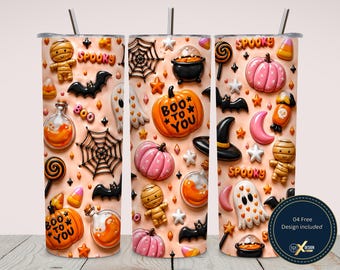 20 oz Tumbler Wrap Cute Halloween Ghost Pumpkin Candy Cauldron Bat Witch Hat PNG Sublimation Autumn Skinny Cup Design