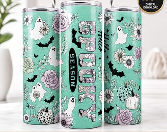 Spooky Floral Ghost 20 Oz Tumbler Wrap, Halloween Ghost Pumpkin Design, PNG Sublimation, 20oz Skinny Tumbler Wrap