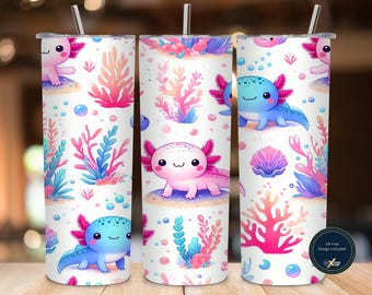 Cute Kawaii Axolotl Tumbler Wrap PNG, 20oz Skinny Tumbler Sublimation Design, Adorable Axolotl Digital Download, Pastel Wrp High Res 300 DPI