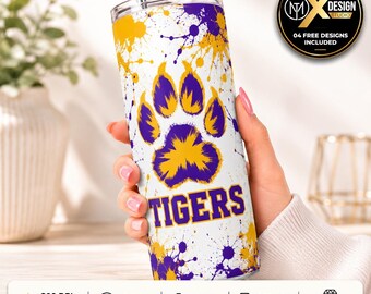 Tigers 20oz Tumbler Wrap PNG | Purple Gold Tiger Paw Sports Sublimation Design | Team Spirit Skinny Tumbler Digital Download