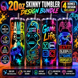 Neon Gamer Tumbler Wrap PNG, RGB Gaming Controller Sublimation Design, 20oz Skinny Tumbler Wrap Digital Download Gamer Gift