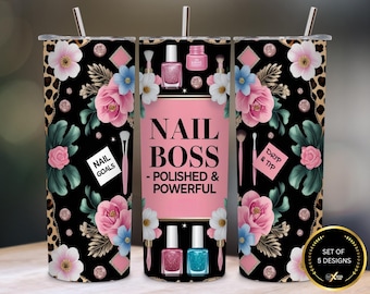 Nail Boss 20oz Tumbler Wrap PNG, Leopard Print Floral Nail Salon Sublimation Design, Nail Tech Skinny Tumbler Digital Download