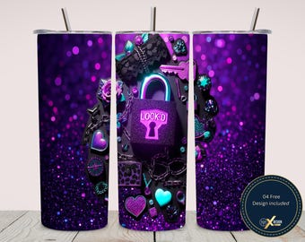 Purple Glam Lock Design Tumbler Wrap PNG – Gothic Glitter Heart Theme – 20 oz Skinny Tumbler Wrap Sublimation