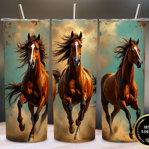 May include: Three cylindrical tumblers with straws, each featuring a brown horse with a white blaze running through a dusty landscape. The background has a weathered, teal and tan watercolor texture. A circular badge reads Set of 5 Designs.