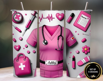 Nurse 20oz Tumbler Wrap PNG | Pink Nursing Skinny Tumbler Sublimation Design | RN Student Gift | Medical Digital Download