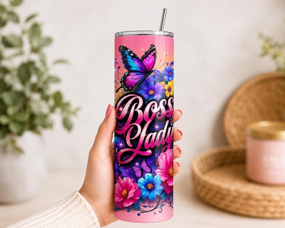 Boss Lady Tumbler Wrap PNG | Floral Butterfly Rainbow 20oz Skinny Design | Sublimation