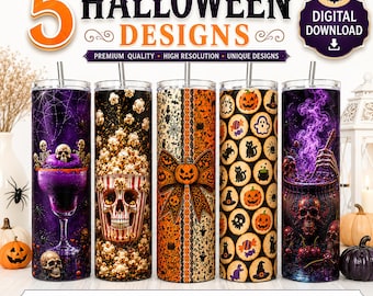 Halloween 20oz Tumbler Wrap Bundle PNG | Spooky Skull Pumpkin Sublimation Designs | 5 Pack Skinny Tumbler Digital Download