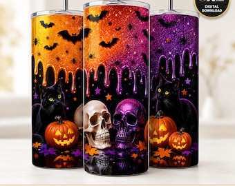 20 oz Tumbler Wrap Halloween Glitter Skulls PNG Sublimation Spooky Black Cat Pumpkin 20oz Skinny Tumbler Wrap Digital Download