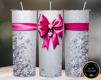 Pink Bow Silver Glitter Snowflake Tumbler Wrap PNG, 20 oz Skinny Sublimation Design, Winter Bling Glam Wrap, Digital Instant Download PNG